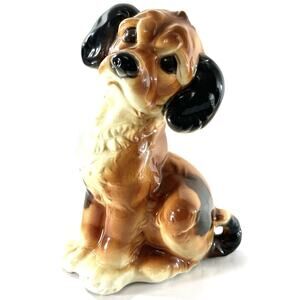 Vintage Ceramic Spaniel Dog Figurine Brown Black Mid Century Unmarked 8”